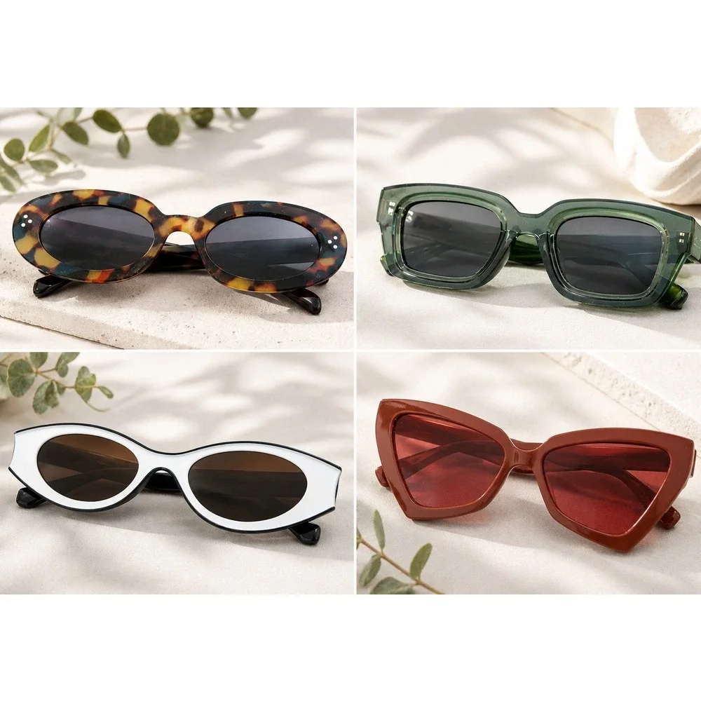 Set of 4 Fashion Sunglasses Tortoiseshell Green Rectangular White Cat Eye Brown